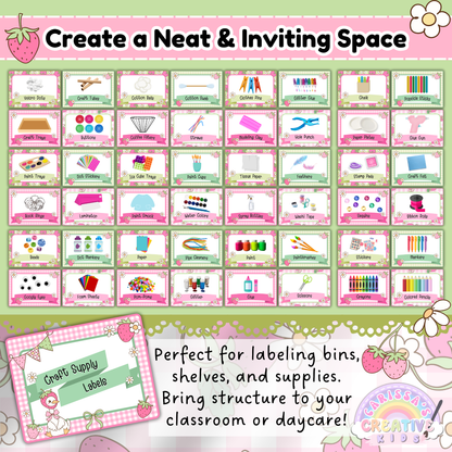 Craft supply labels from the Goose-Berry classroom collection shown in use. Features 50+ labels with pastel pink and green gingham borders, cute graphics, and strawberry accents. Ideal for organizing art materials, bins, and shelving in preschool or daycare settings. Includes editable Canva template for text customization.