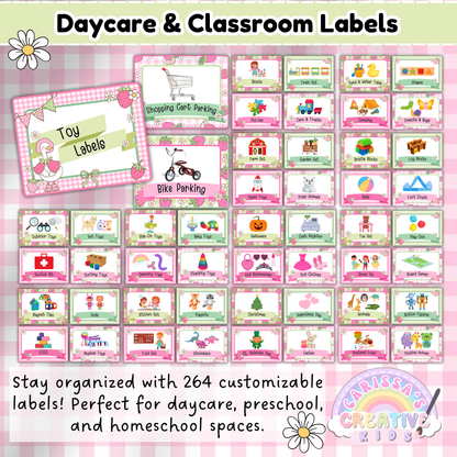Slide showcasing 264 Goose-Berry Classroom Labels for daycare and preschool settings. Includes toy labels, bike and shopping cart parking signs, and colorful icons for everything from blocks to dramatic play. Designed in pink and green gingham with strawberry and goose details. Perfect for organizing playrooms and homeschool spaces.