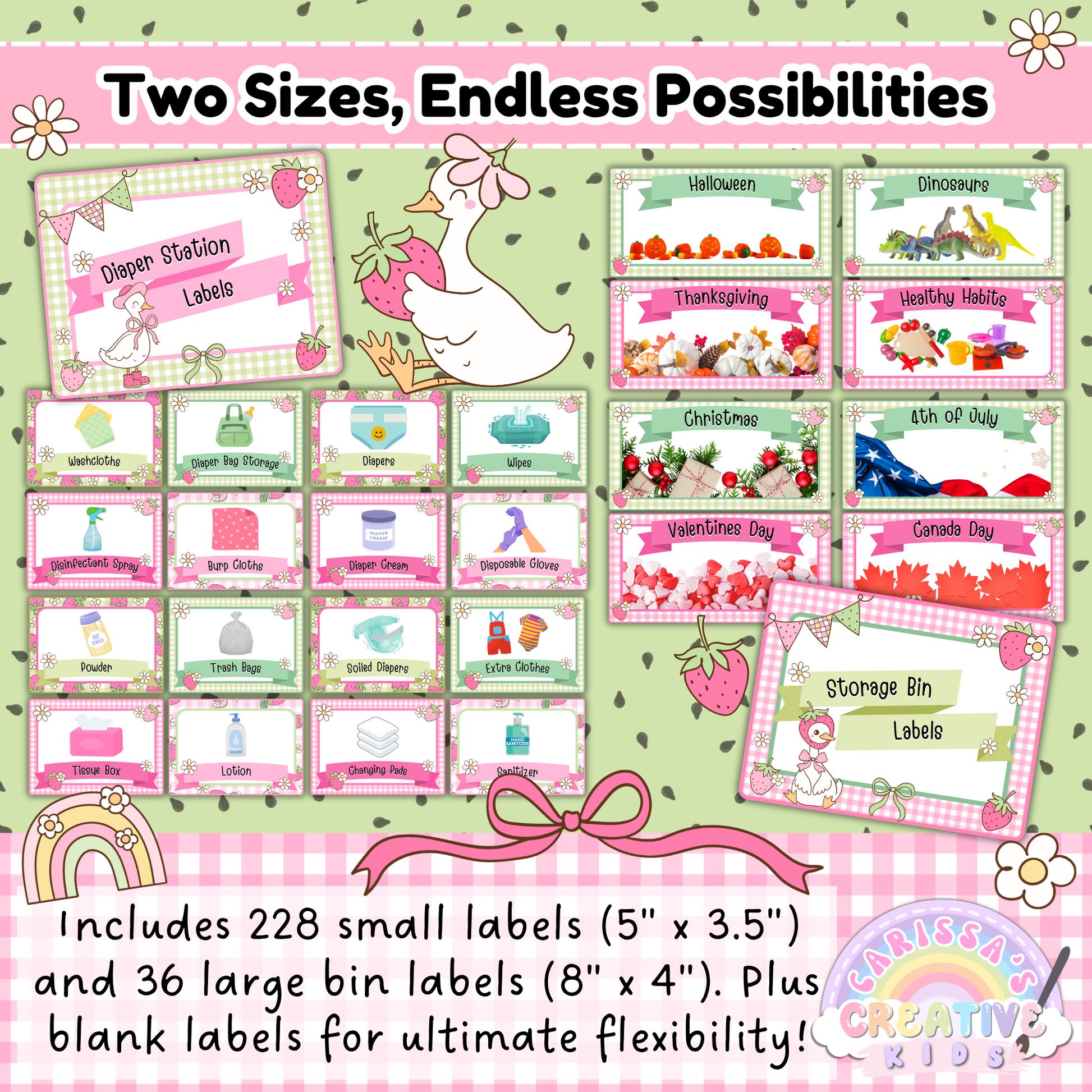 Slide featuring Goose-Berry daycare and classroom labels in two sizes: small (5" x 3.5") and large (8" x 4"). Includes diaper station labels, storage bin tags, and holiday-themed labels for Christmas, Valentine’s Day, Halloween, and more. Decorated in pink and green gingham with strawberry accents and a vintage goose design.