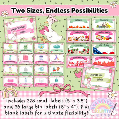 Slide featuring Goose-Berry daycare and classroom labels in two sizes: small (5" x 3.5") and large (8" x 4"). Includes diaper station labels, storage bin tags, and holiday-themed labels for Christmas, Valentine’s Day, Halloween, and more. Decorated in pink and green gingham with strawberry accents and a vintage goose design.