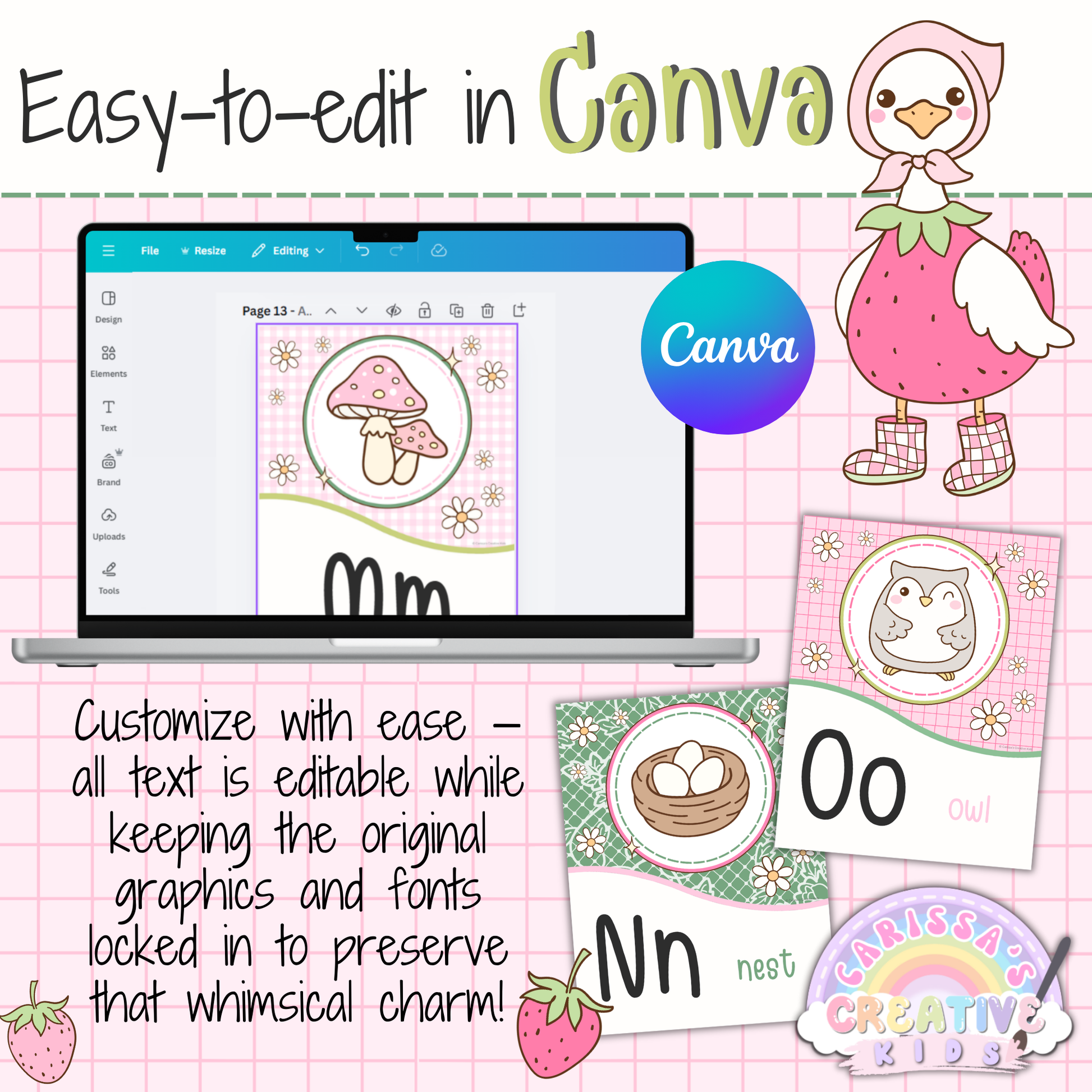 Editable Goose Berry alphabet posters in Canva for pastel classroom decor, featuring text-only editable printable wall art for preschool, kindergarten, daycare, and early literacy spaces.
