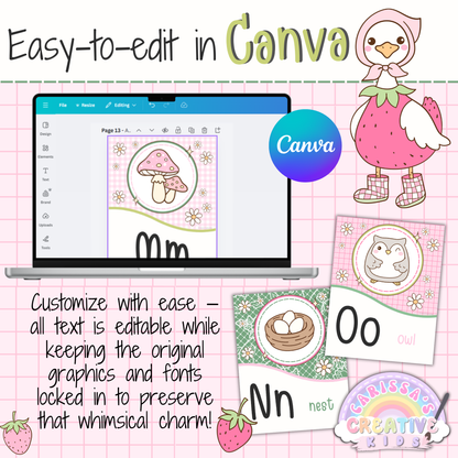 Editable Goose Berry alphabet posters in Canva for pastel classroom decor, featuring text-only editable printable wall art for preschool, kindergarten, daycare, and early literacy spaces.