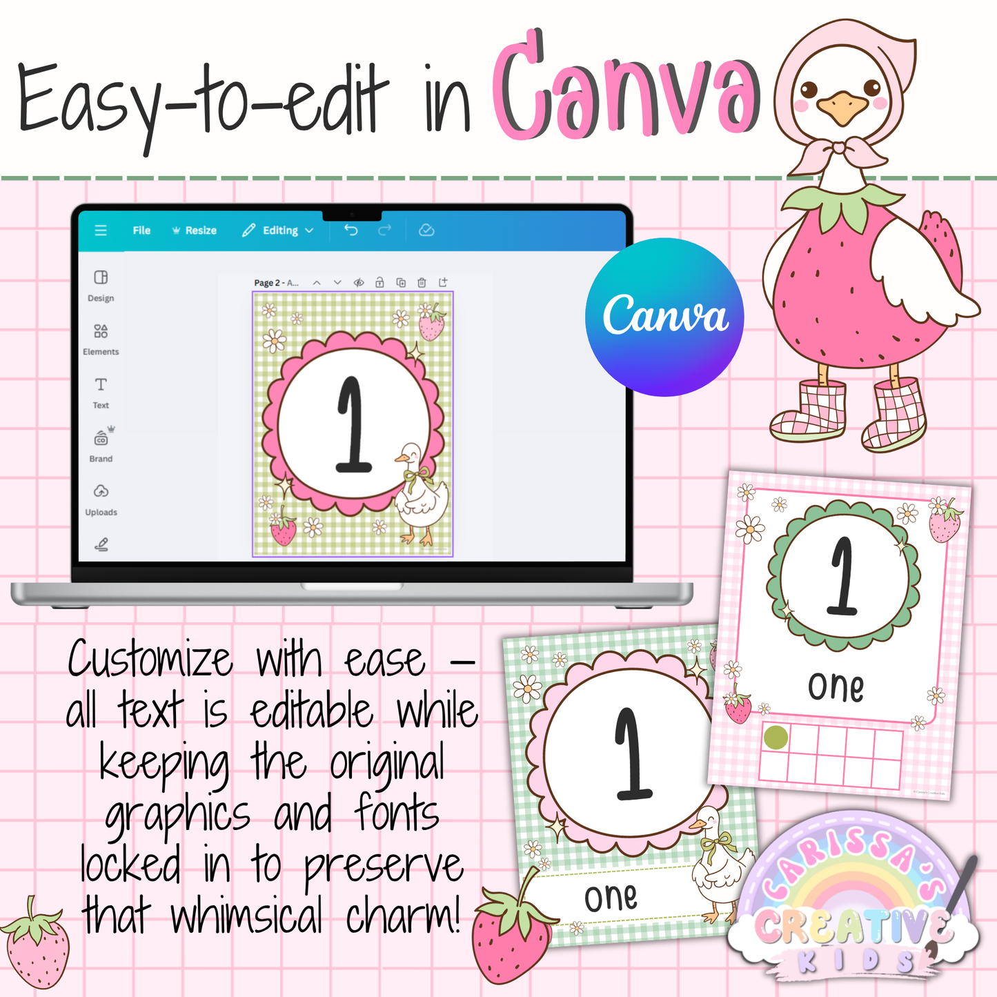 Editable Goose Berry number posters in Canva for pastel classroom decor, featuring text-only editable printable numbers 0 to 20 for preschool, kindergarten, homeschool, and early math displays.