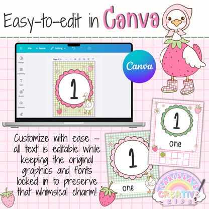 Editable Goose Berry number posters in Canva for pastel classroom decor, featuring text-only editable printable numbers 0 to 20 for preschool, kindergarten, homeschool, and early math displays.