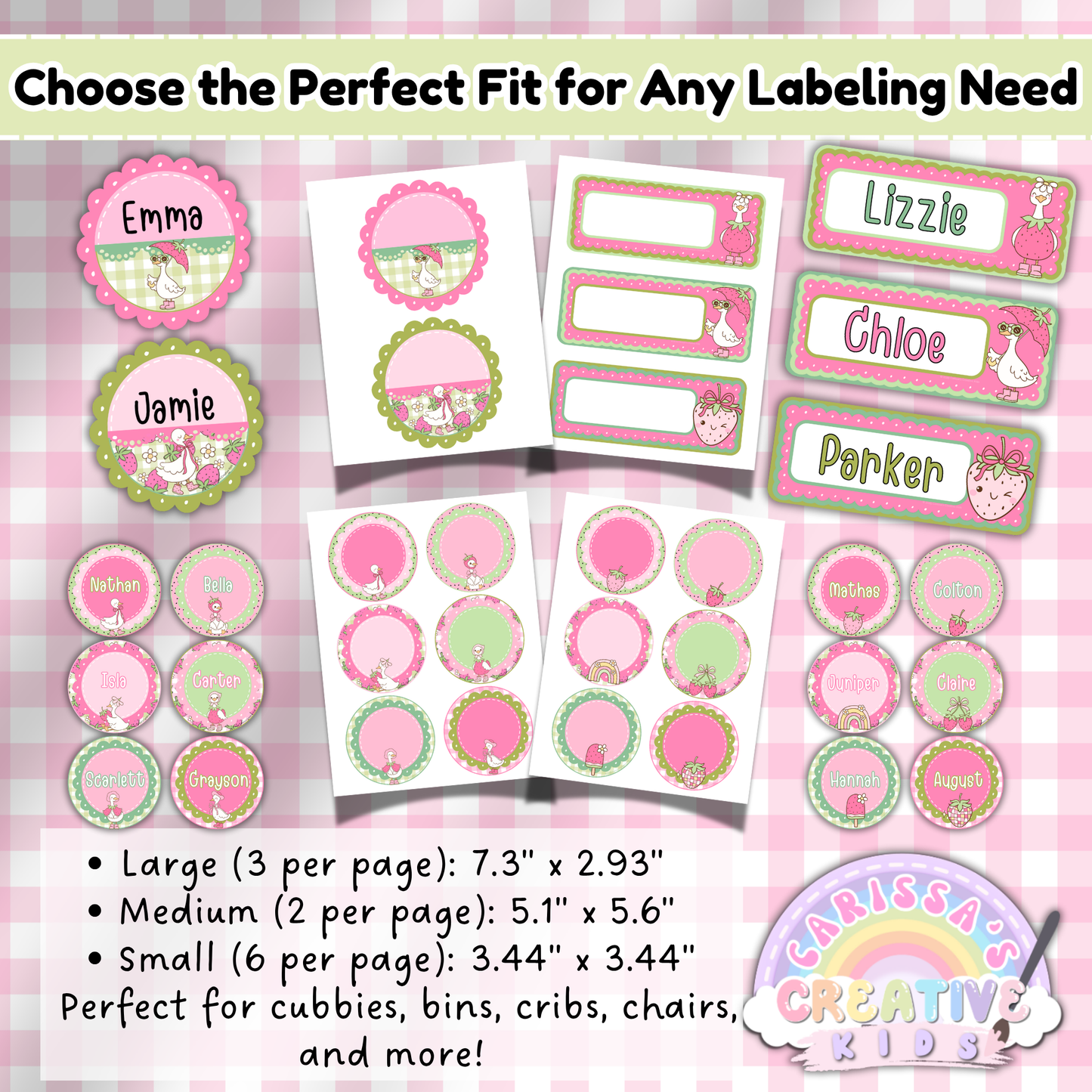 Goose-Berry Editable Name Tags for Preschool & Daycare | Strawberry & Gingham Classroom Labels