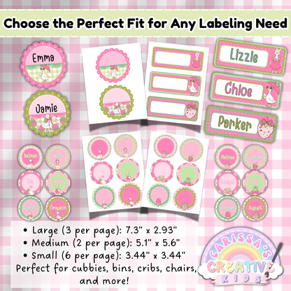Goose-Berry Editable Name Tags for Preschool & Daycare | Strawberry & Gingham Classroom Labels