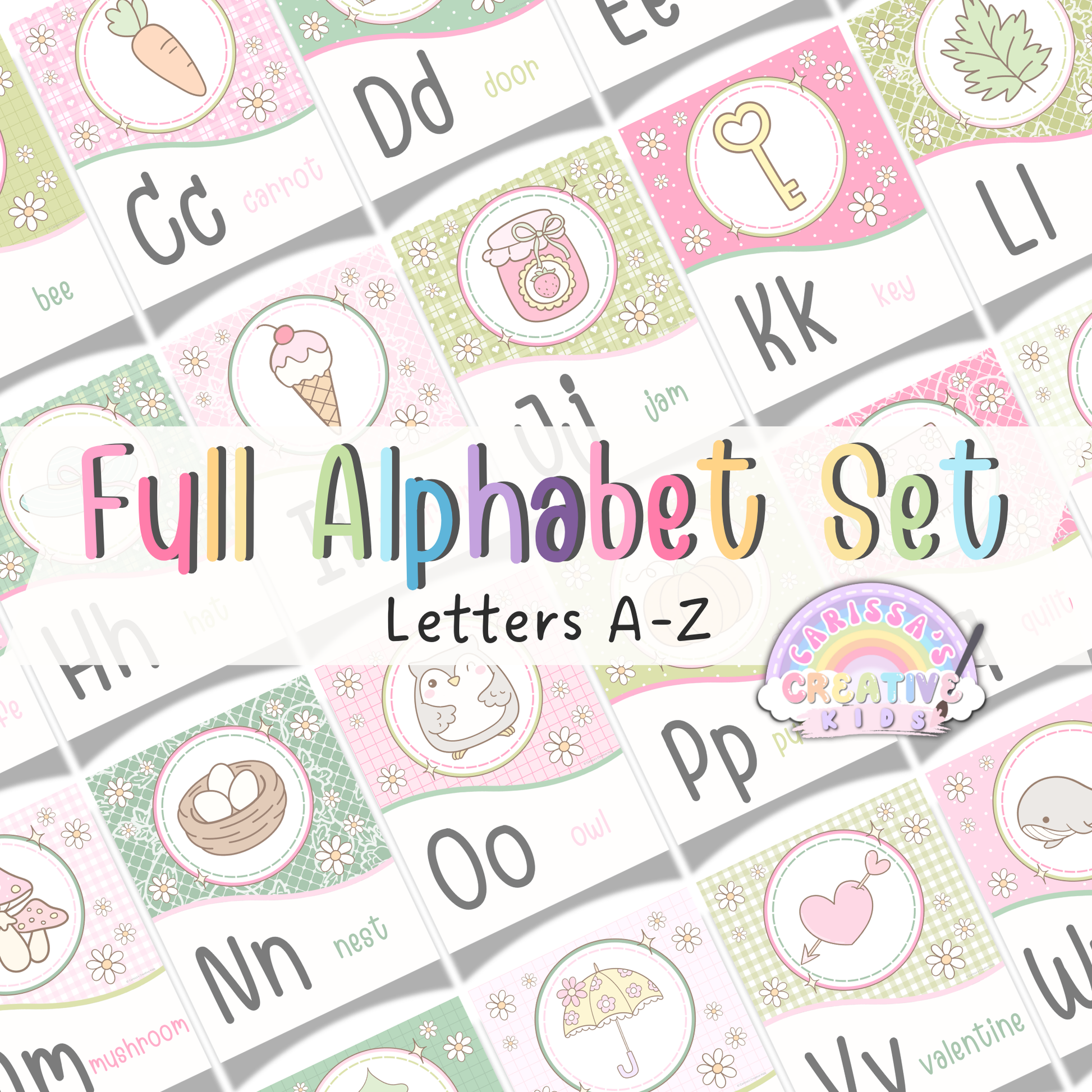 Goose Berry full alphabet set printable featuring pastel A to Z classroom posters for preschool, kindergarten, daycare, and literacy-friendly wall decor.