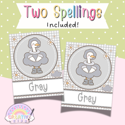 Goose-Berry gray and grey color posters for preschool classroom decor featuring both spelling versions in a pastel silly goose classroom theme for printable classroom posters and classroom wall decor.