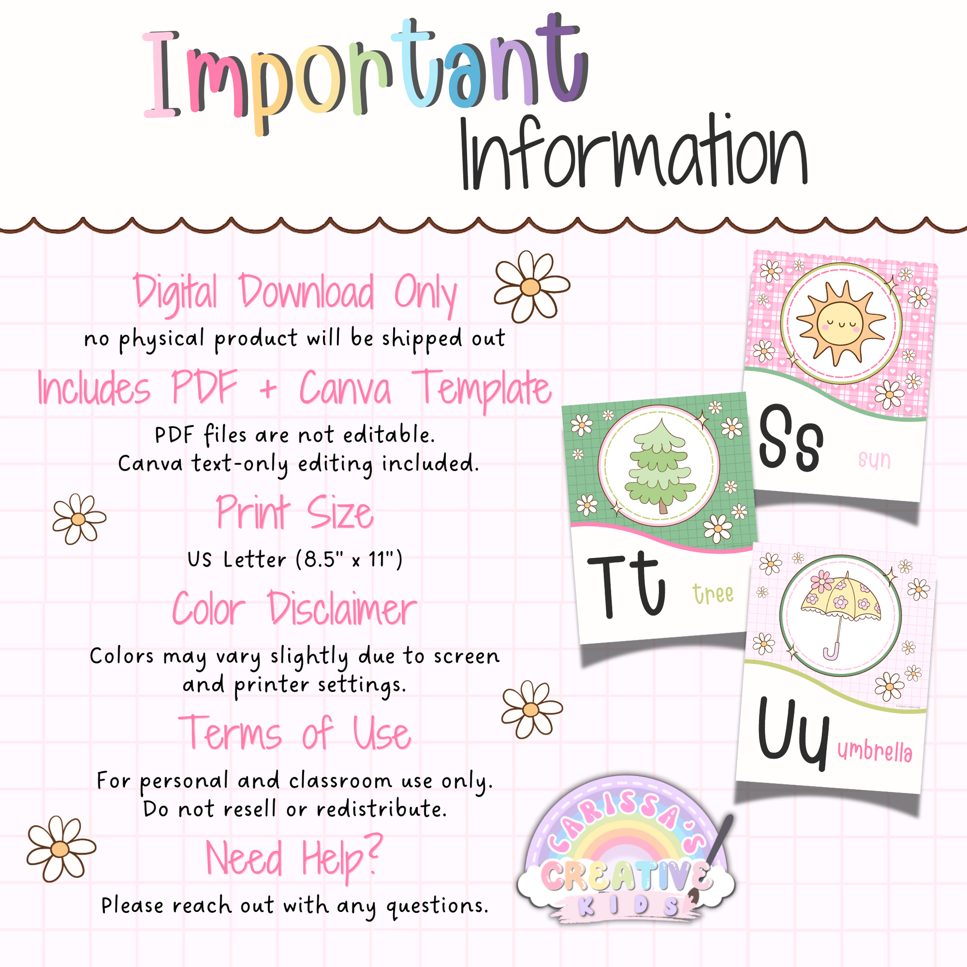 Important information for Goose Berry alphabet posters printable, including digital download details, PDF and Canva template access, US Letter print size, and classroom use terms for preschool and kindergarten decor.
