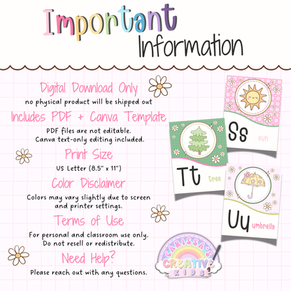 Important information for Goose Berry alphabet posters printable, including digital download details, PDF and Canva template access, US Letter print size, and classroom use terms for preschool and kindergarten decor.