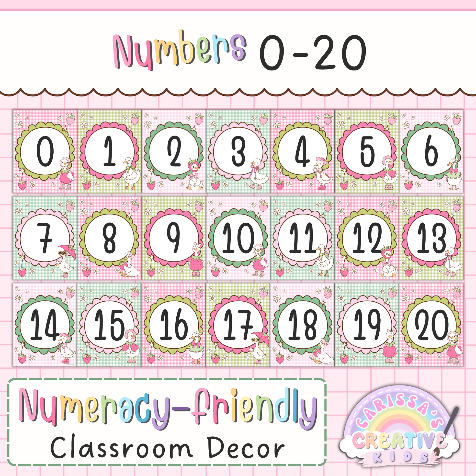 Goose Berry number posters 0 to 20 for numeracy-friendly classroom decor featuring pastel printable number wall art for preschool, kindergarten, homeschool, and early math learning spaces.