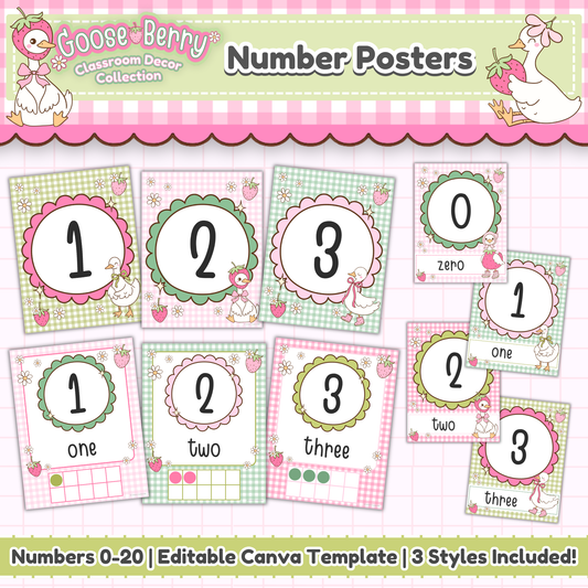 Goose Berry number posters printable for pastel classroom decor featuring numbers 0 to 20 in 3 styles with a text-editable Canva template for preschool, kindergarten, homeschool, and math classroom display.