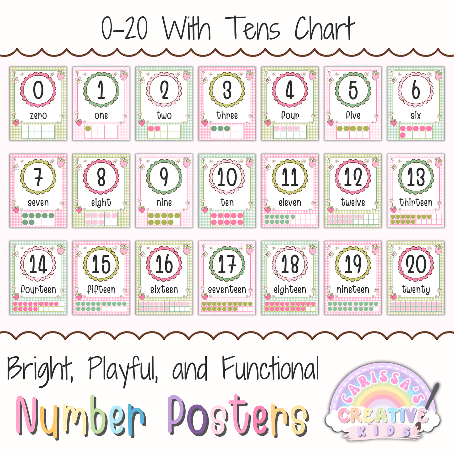 Goose Berry number posters 0 to 20 with tens chart for pastel classroom decor, featuring printable preschool number posters for kindergarten, homeschool, and early math classroom displays.