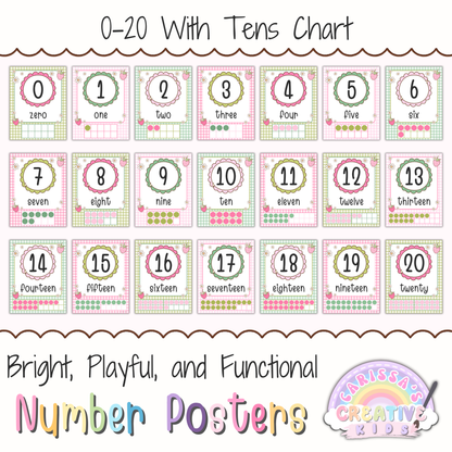 Goose Berry number posters 0 to 20 with tens chart for pastel classroom decor, featuring printable preschool number posters for kindergarten, homeschool, and early math classroom displays.