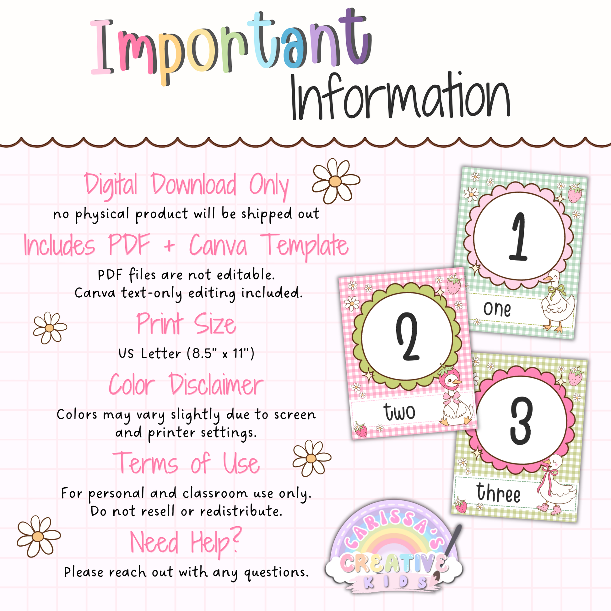 Important information for Goose Berry number posters printable, including digital download details, PDF and Canva template access, US Letter print size, and classroom use terms for preschool and kindergarten decor.