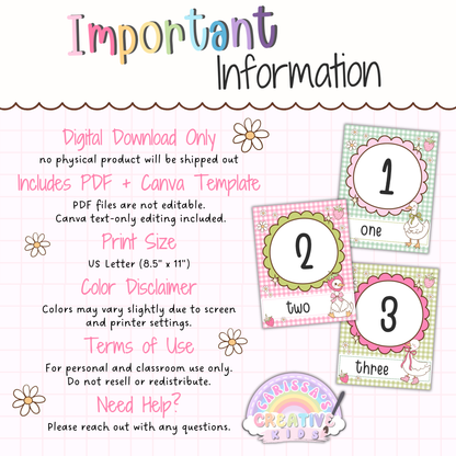 Important information for Goose Berry number posters printable, including digital download details, PDF and Canva template access, US Letter print size, and classroom use terms for preschool and kindergarten decor.