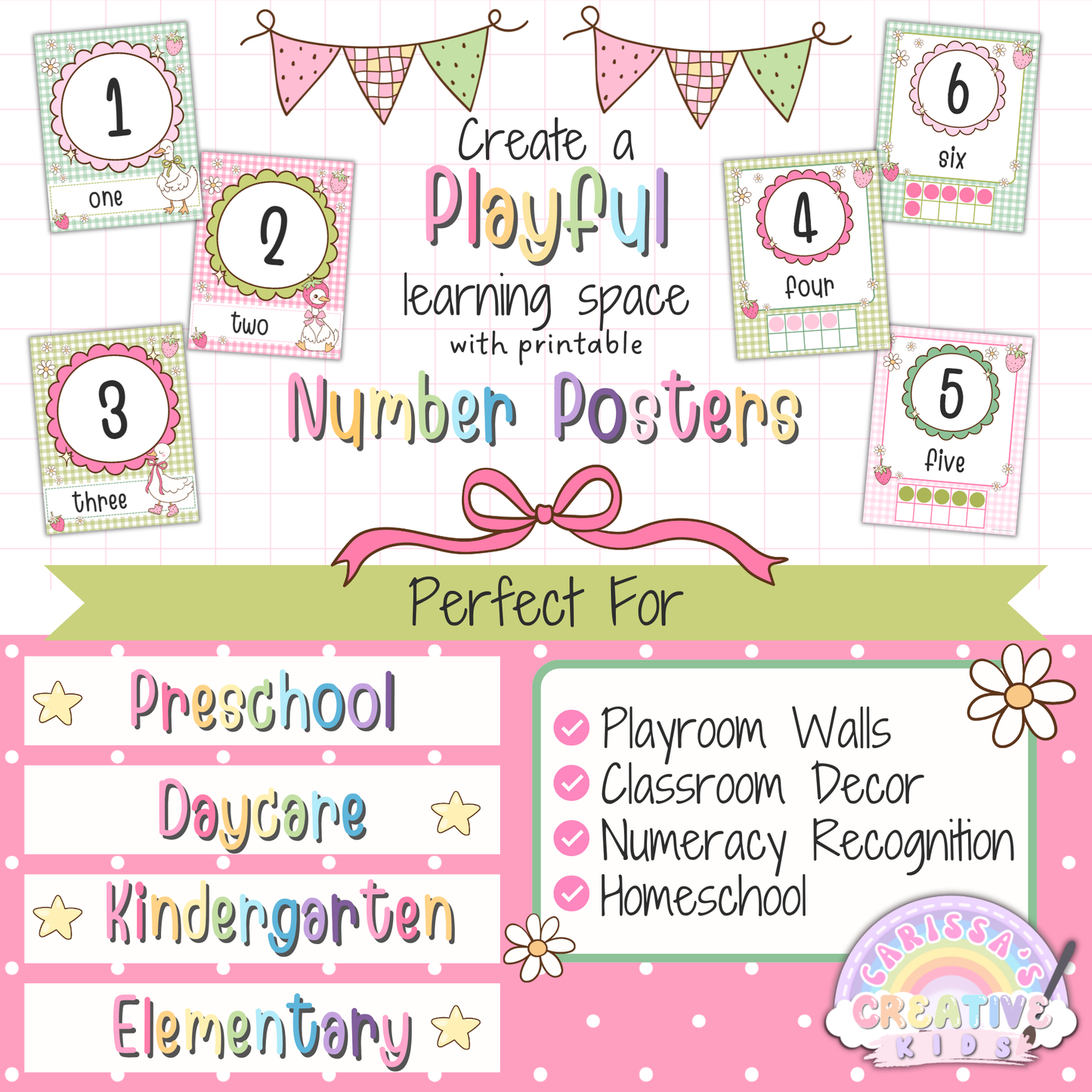 Pastel Goose Berry number posters for preschool, daycare, and kindergarten classroom decor with printable number wall art for numeracy recognition, homeschool, and playful learning spaces.