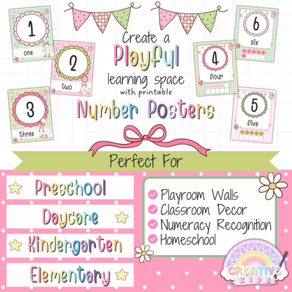 Pastel Goose Berry number posters for preschool, daycare, and kindergarten classroom decor with printable number wall art for numeracy recognition, homeschool, and playful learning spaces.