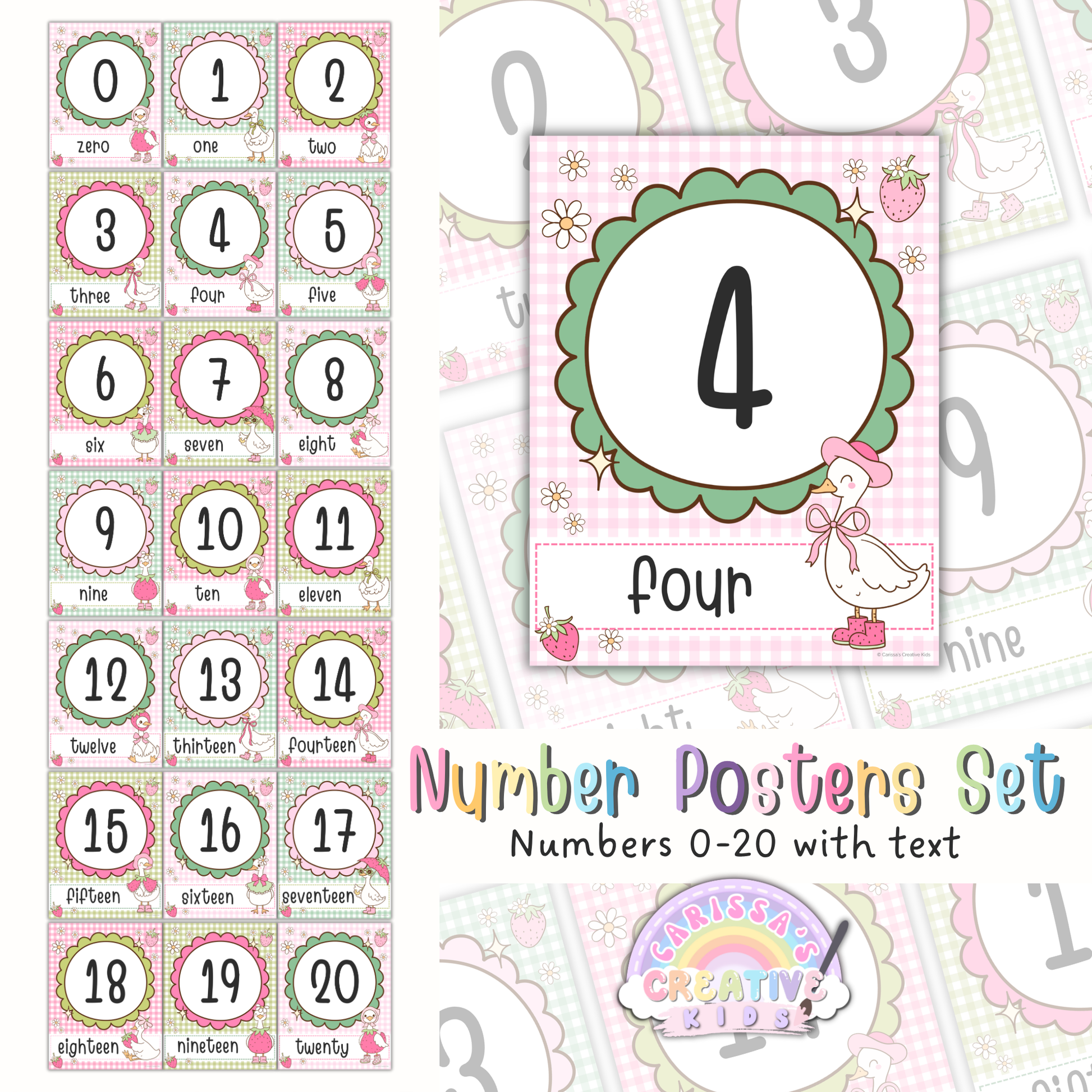 Goose Berry number posters set with text for pastel classroom decor, featuring printable numbers 0 to 20 with number words for preschool, kindergarten, homeschool, and early math wall displays.