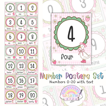 Goose Berry number posters set with text for pastel classroom decor, featuring printable numbers 0 to 20 with number words for preschool, kindergarten, homeschool, and early math wall displays.