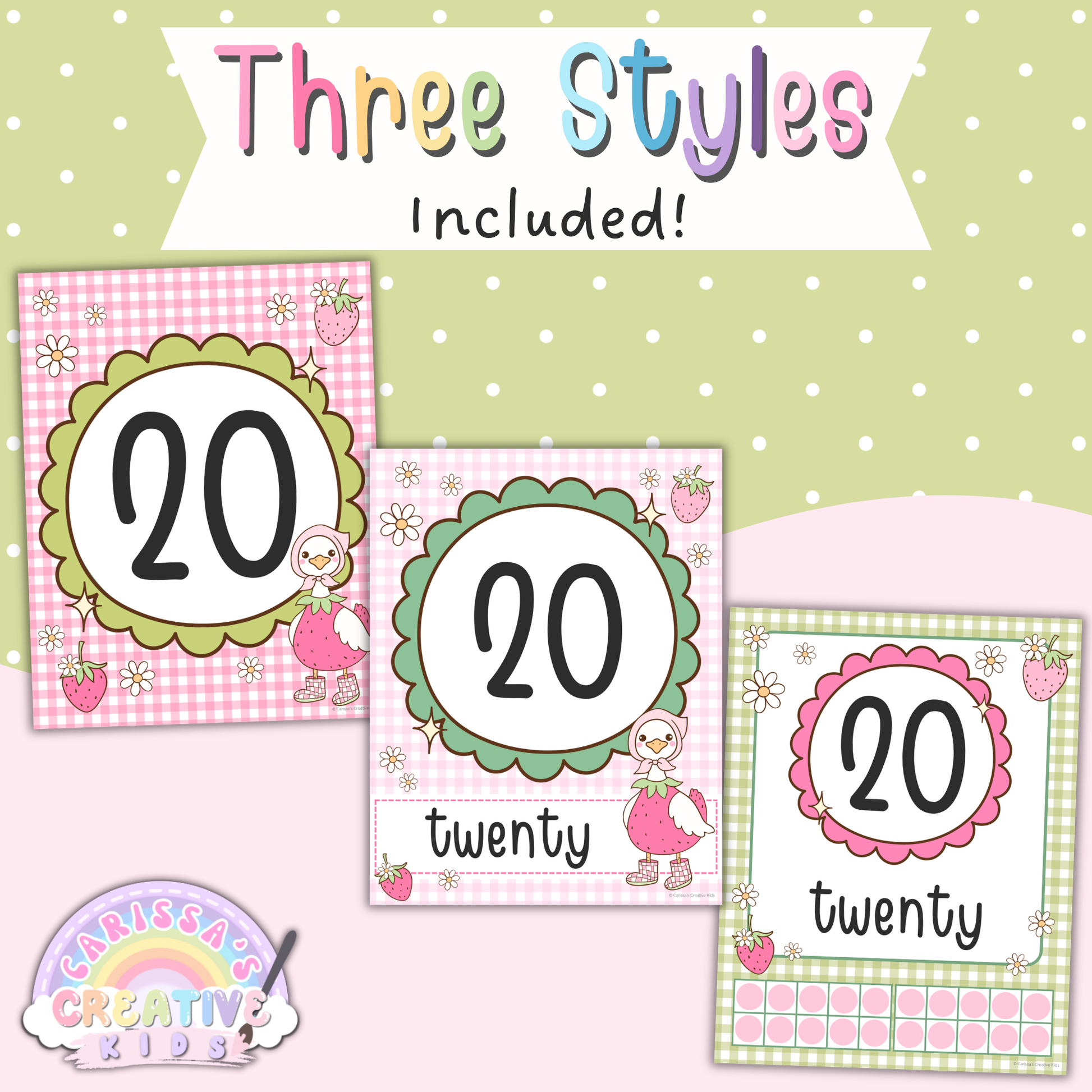 Goose Berry number posters printable with three styles included for pastel classroom decor, featuring numbers 0 to 20 with number-only, number-and-word, and number-with-tens-chart options for preschool and kindergarten.