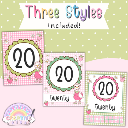 Goose Berry number posters printable with three styles included for pastel classroom decor, featuring numbers 0 to 20 with number-only, number-and-word, and number-with-tens-chart options for preschool and kindergarten.
