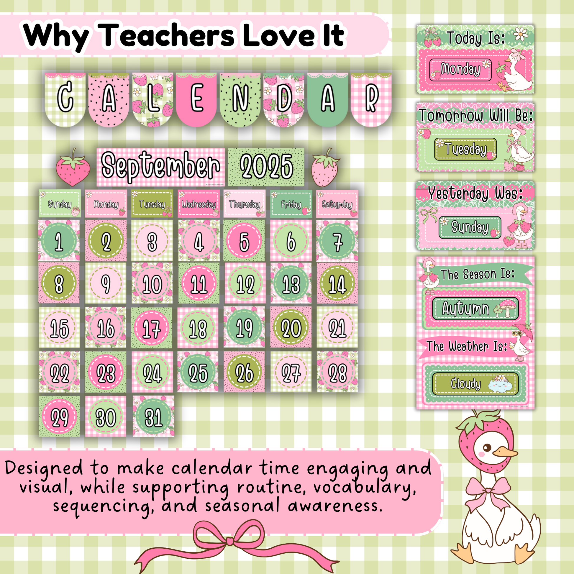 Goose-Berry Preschool Classroom Calendar – Supports Routine, Vocabulary, and Seasonal Awareness with Editable Days, Months, and Weather Cards