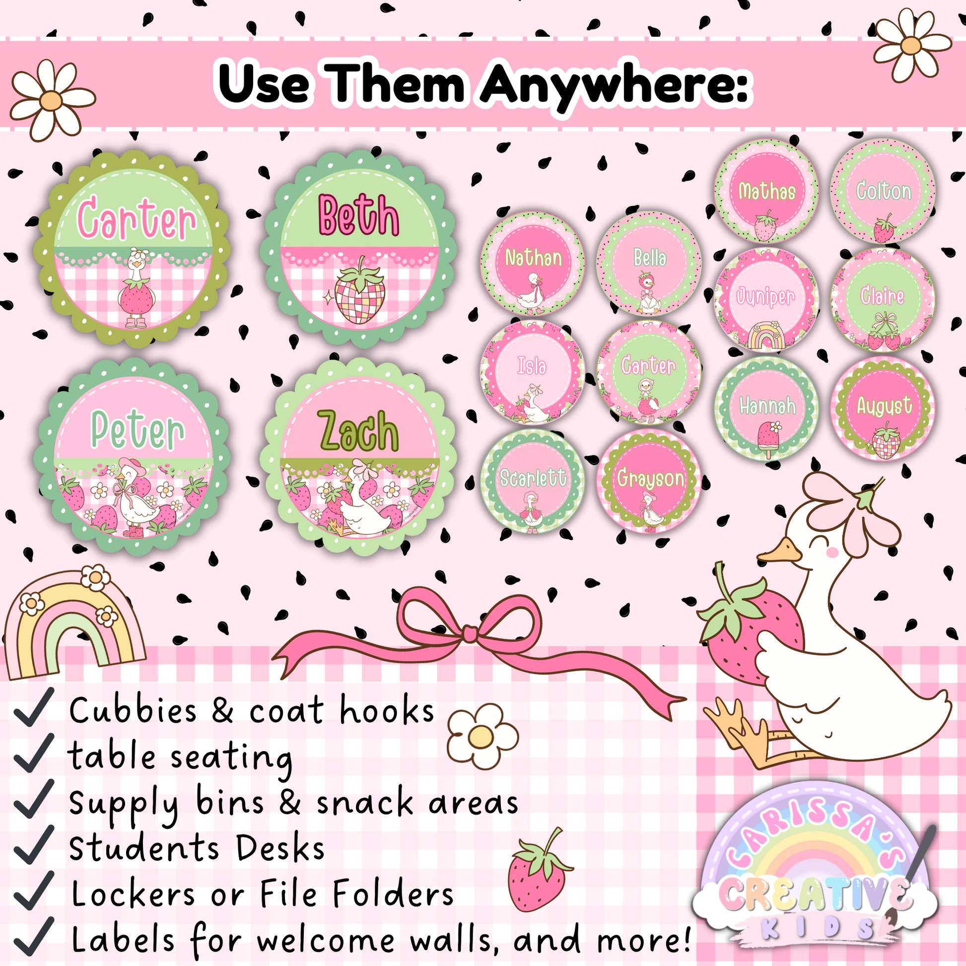 Round Goose-Berry name tags with strawberries, bows, and geese on a pink and green background. Perfect for cubbies, coat hooks, student desks, snack bins, and more.