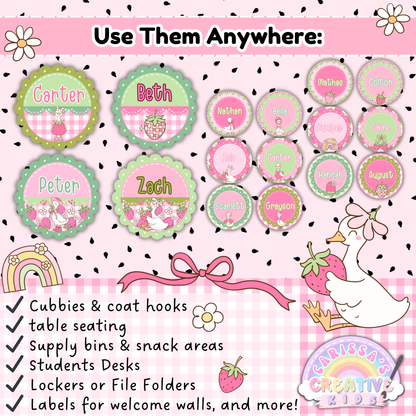 Round Goose-Berry name tags with strawberries, bows, and geese on a pink and green background. Perfect for cubbies, coat hooks, student desks, snack bins, and more.