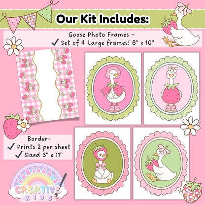 Bulletin board kit includes four large 8x10 printable goose photo frames featuring vintage-style geese in playful strawberry-themed outfits. Also includes matching border strips that print two per sheet (3" x 11"), perfect for framing your classroom display.