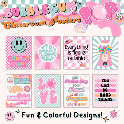 Inspirational Bubblegum Pop! posters featuring bold colors and fun messages to encourage students in the classroom, library, or homeschool environment.