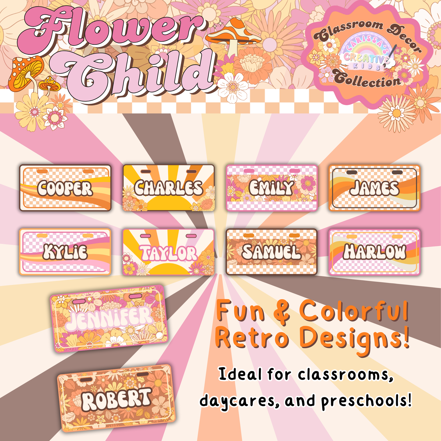 Back-to-school name tags styled like license plates, ready for customization and printing. Fun and colorful retro design! Ideal for groovy classrooms, daycares and preschool! 