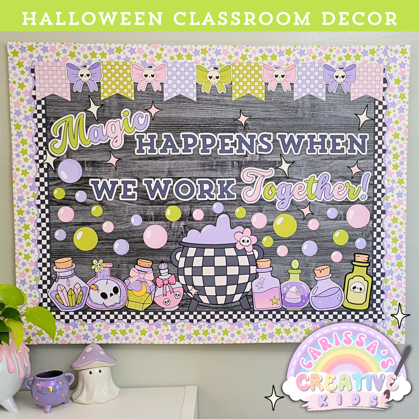 Pastel Halloween classroom decor bulletin board featuring a black and white cauldron, colorful potion bottles, and positive message “Magic Happens When We Work Together.” Ideal for fall bulletin boards, classroom themes, and Halloween wall decor.