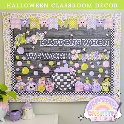 Pastel Halloween classroom decor bulletin board featuring a black and white cauldron, colorful potion bottles, and positive message “Magic Happens When We Work Together.” Ideal for fall bulletin boards, classroom themes, and Halloween wall decor.