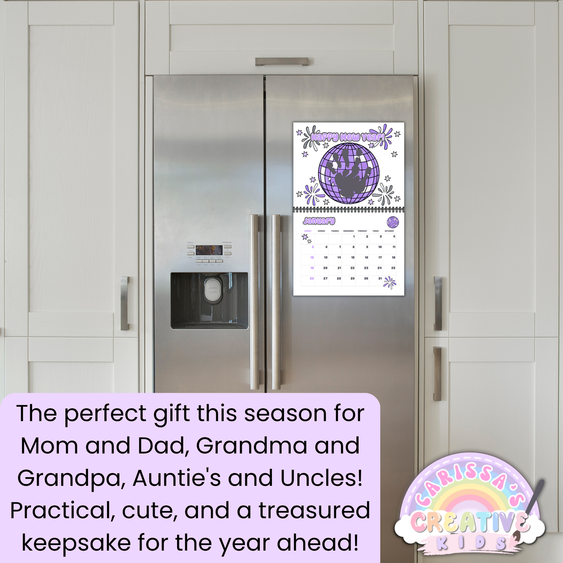 2026 handprint calendar displayed on a fridge, showing it as a meaningful holiday gift for parents, grandparents, aunts, and uncles. A practical and adorable keepsake filled with children's handprint art.