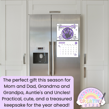 2026 handprint calendar displayed on a fridge, showing it as a meaningful holiday gift for parents, grandparents, aunts, and uncles. A practical and adorable keepsake filled with children's handprint art.