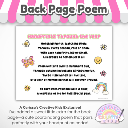 Back page poem titled “Handprints Through the Year” included in the 2026 handprint calendar. A sentimental baby keepsake and preschool craft that captures memories through handprint art.