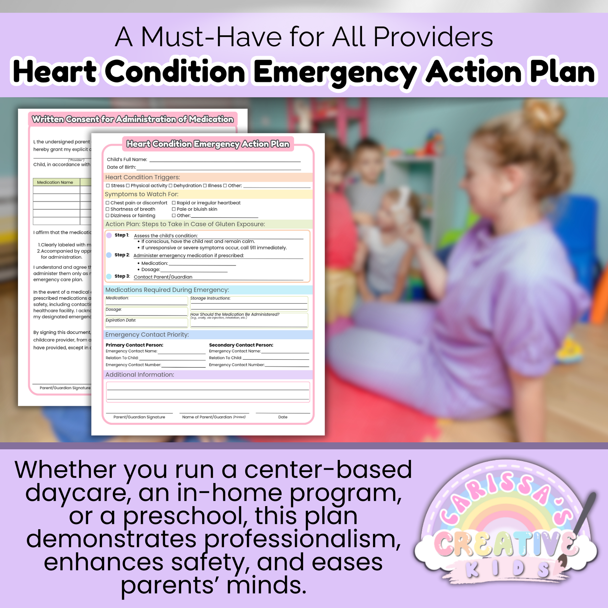 Childcare provider in a classroom setting with Heart Condition Emergency Action Plan, designed for daycares, preschools, and home-based programs to enhance emergency preparedness.