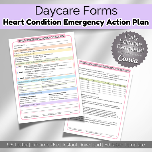 Editable Heart Condition Emergency Action Plan for daycare providers, featuring a medical form and medication consent template designed for childcare settings.