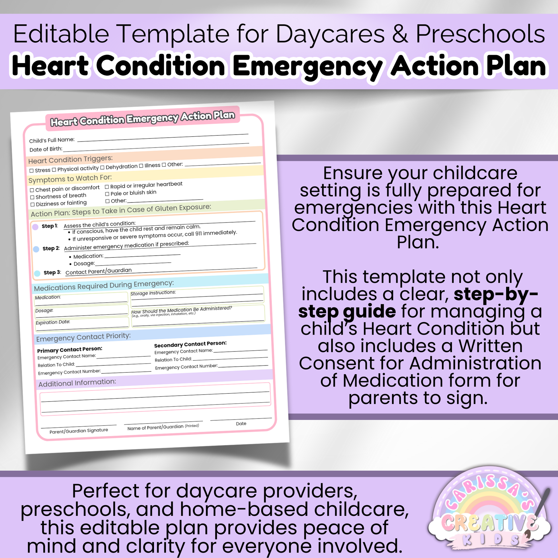 Heart Condition Emergency Action Plan template for daycare and preschool providers with medication consent form for parent signatures.