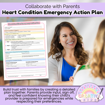 Daycare Heart Condition Emergency Plan showing provider collaborating with parents to create a personalized action plan for children with heart conditions.