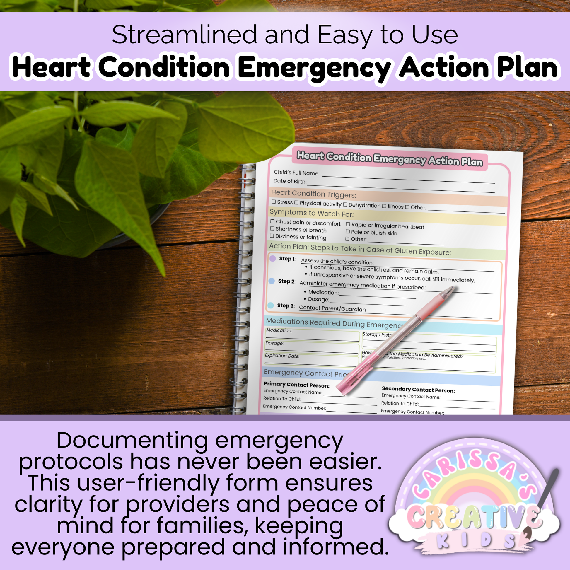 Printed Heart Condition Emergency Action Plan on a wooden desk with plant, showing editable daycare template for documenting medical emergencies.