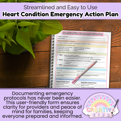 Printed Heart Condition Emergency Action Plan on a wooden desk with plant, showing editable daycare template for documenting medical emergencies.
