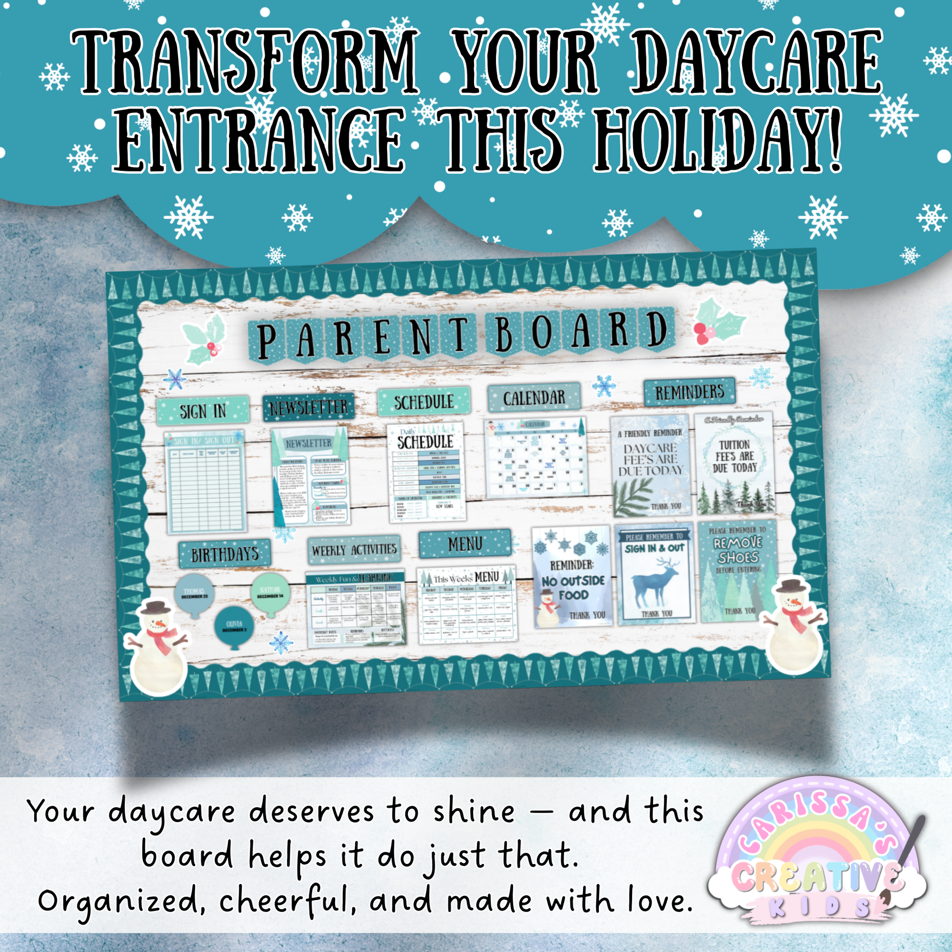 Winter-themed parent board setup to transform your daycare or preschool entrance during the holidays. Includes editable forms for schedules, sign-in sheets, menus, newsletters, and reminders. Designed to be cheerful, organized, and welcoming—perfect for creating a professional parent info board.