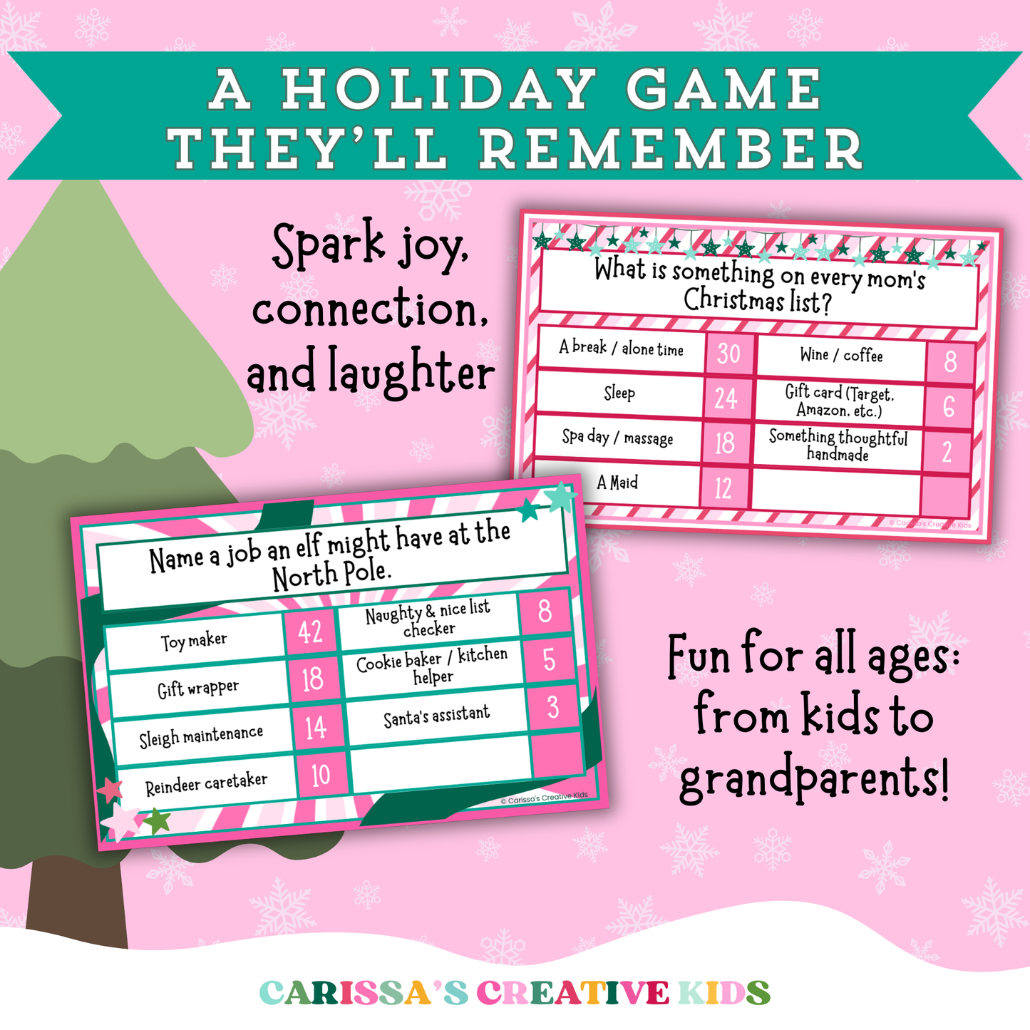 Christmas Feud printable game with questions designed to spark joy, laughter, and connection. Includes fun prompts like “Name a job an elf might have at the North Pole” and “What is something on every mom’s Christmas list?” Perfect for kids, families, and party groups of all ages.