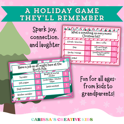 Christmas Feud printable game with questions designed to spark joy, laughter, and connection. Includes fun prompts like “Name a job an elf might have at the North Pole” and “What is something on every mom’s Christmas list?” Perfect for kids, families, and party groups of all ages.