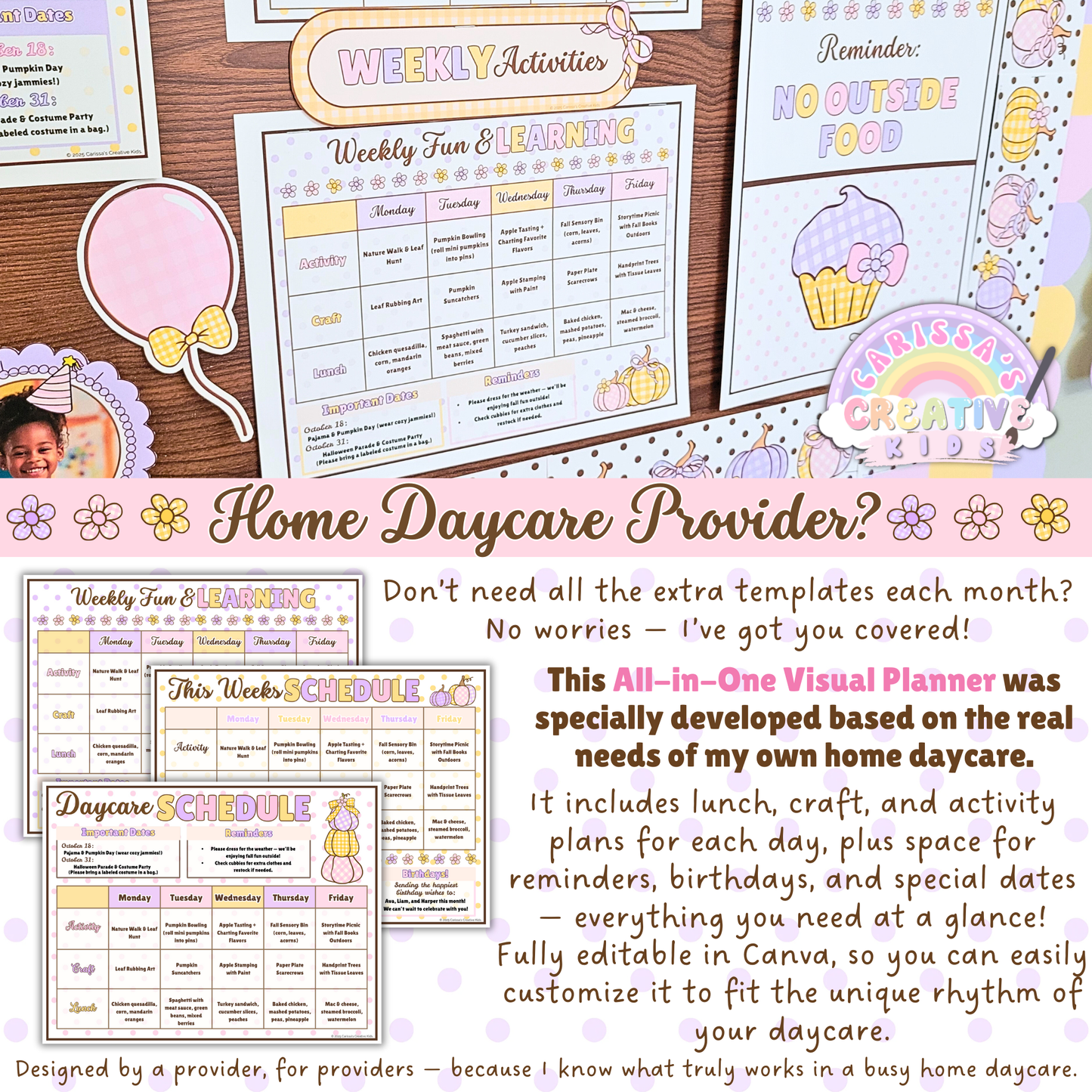 All-in-one visual daycare planner for home daycare providers, featuring editable weekly schedule and activity pages in pastel fall colors. Designed by a provider for providers to simplify planning and parent communication.