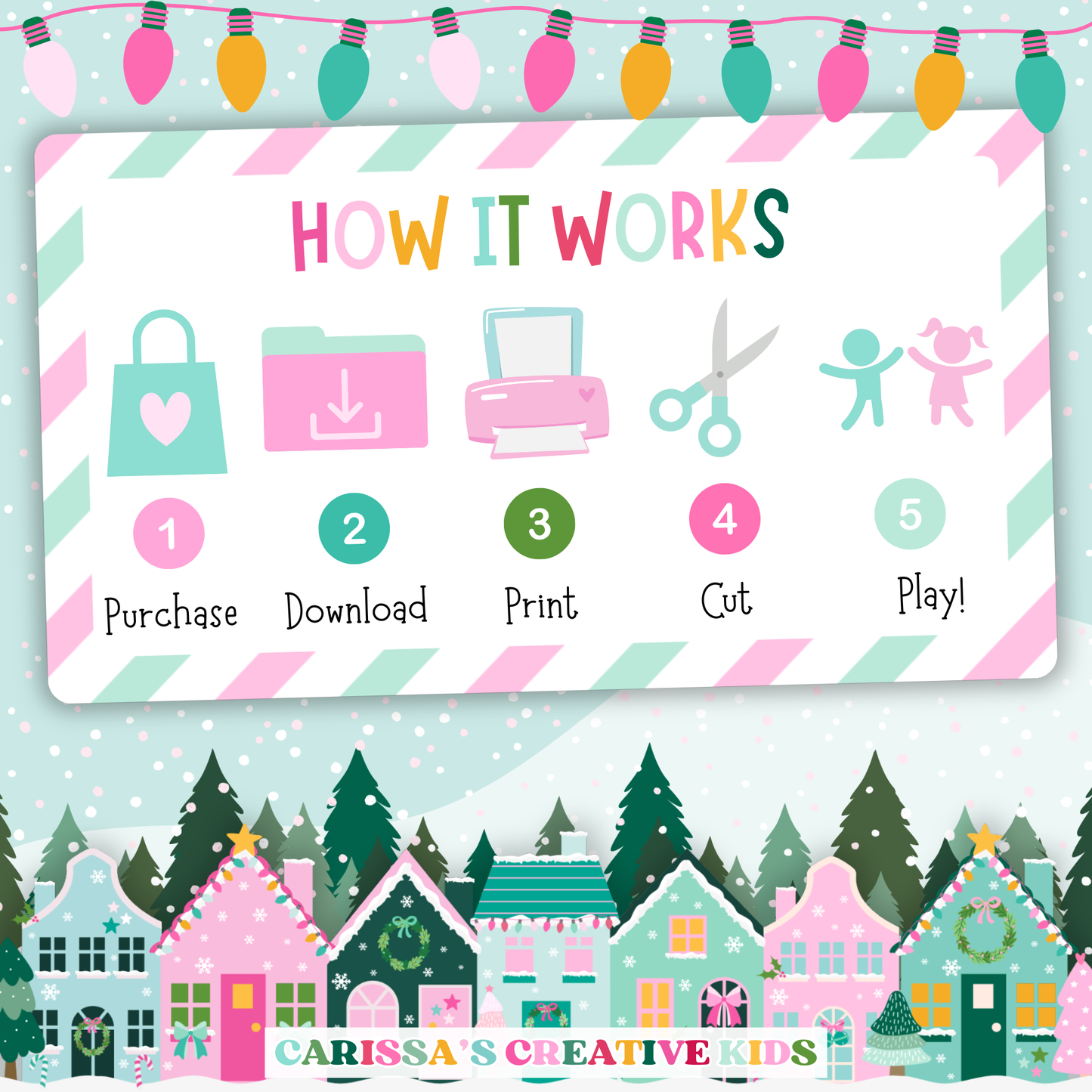 Step-by-step guide showing how to use the Christmas Bingo printable game. Purchase, download, print, cut, and play. Features festive pastel village design and colorful icons. Great for holiday party games with kids, classrooms, and families.