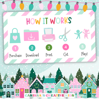 Step-by-step guide showing how to use the Christmas Bingo printable game. Purchase, download, print, cut, and play. Features festive pastel village design and colorful icons. Great for holiday party games with kids, classrooms, and families.