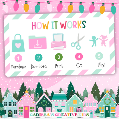 Step-by-step guide for using this printable Christmas Charades game. Instructions show how to purchase, download, print, cut, and play. Features pastel pink and green design with festive village scene and string lights. Perfect for holiday party prep with kids or classrooms.